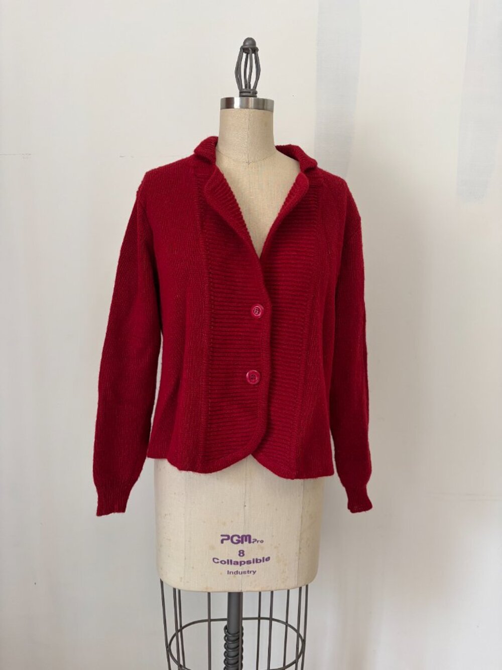 VTG 70s 80s Cherry Red Ribbed Knit Cardigan Sweater Womens L Mock Neck Two Butto